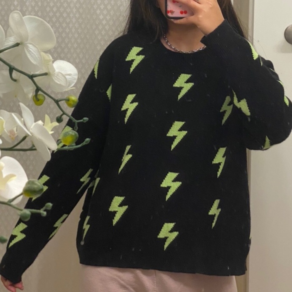 NEW Neon Lime Green Lightning Bolt Oversized Knit Sweater